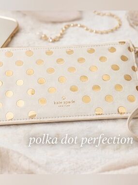 Kate Spade Polka Dot Wristlet Gold Cream Zip Pouch Wallet Clutch